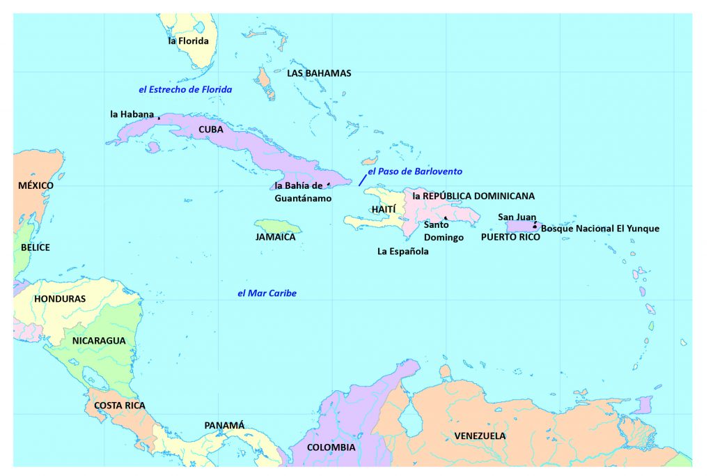 Mapa del Caribe mostrando los países circundantes de tierra firma (la Florida, México, Belice, Honduras, Nicaragua, Costa Rica, Panamá, Colombia y Venezuela), las islas angloparlantes (las Bahamas y Jamaica), las islas hispanohablantes (Cuba, la Española y Puerto Rico), y los rasgos físicos en la lista del texto.