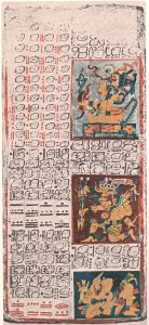 foto del códice Dresden con muchos glifos mayas y tres dibujos de reyes mayas
