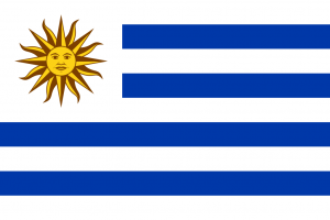 la bandera de Uruguay tiene un sol rayado en el rincón arriba a la izquierda; el sol tiene una cara humana. El resto de la bandera consiste en barras horizontales alternando entre blanco (5 barras) y azul marino (4 barras)