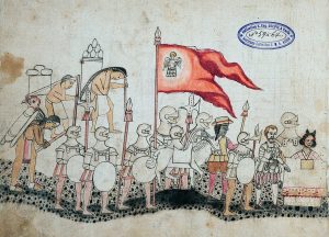dibujo del Códice Azcatitlán, mostrando unos indígenas llevando bultos en la espalda, varios soldados en armadura española llevando una gran bandera roja con el imagen de un ángel, y a la derecha Hernán Cortés y doña Marina